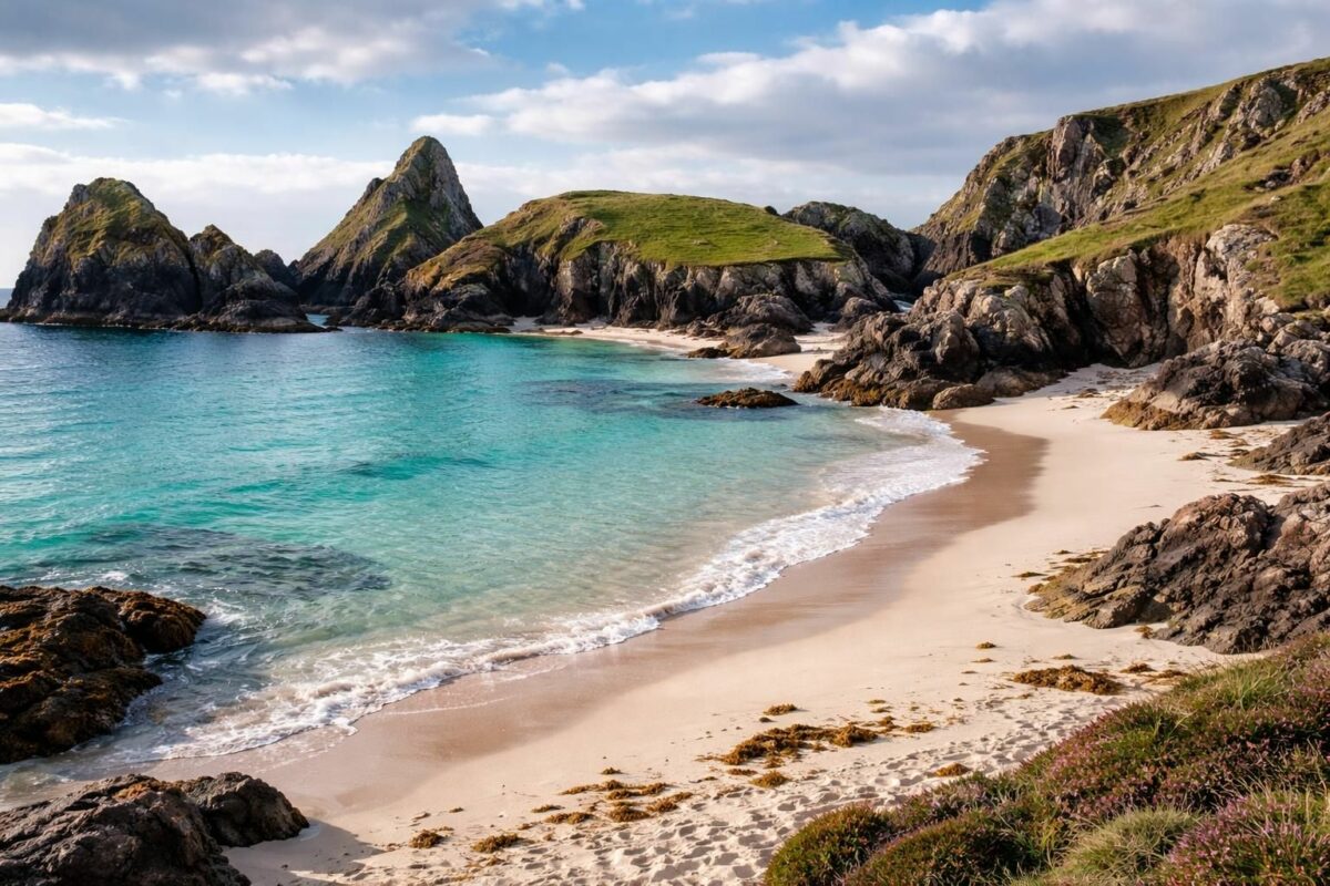 explorez kynance cove, une plage idyllique en angleterre réputée pour son sable blanc immaculé et ses paysages côtiers époustouflants.