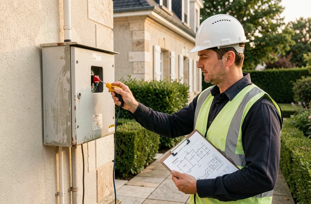 Électricien ACM vérifiant une boîte de connexion électrique extérieure sur une maison pavillonnaire