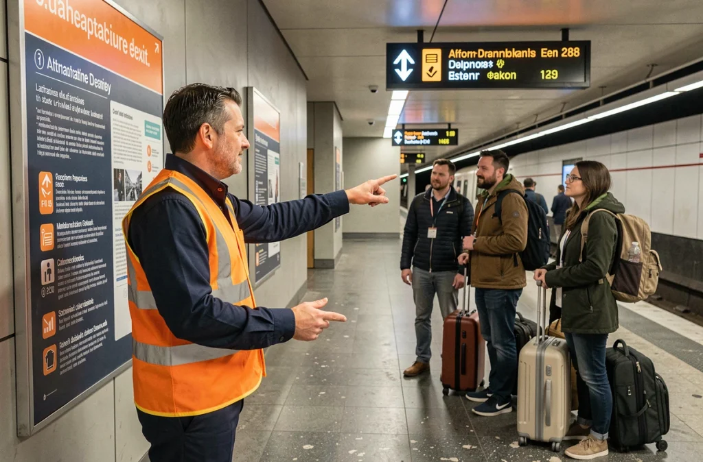 Agent RATP orientant les passagers vers un itinéraire alternatif dans une station de métro parisien pendant les travaux