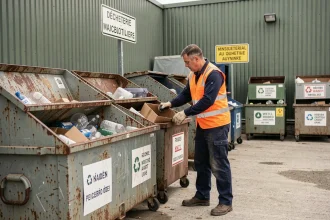 Agent de déchèterie triant des matériaux recyclables dans les bacs de collecte à la déchèterie de la Milletière à Tours