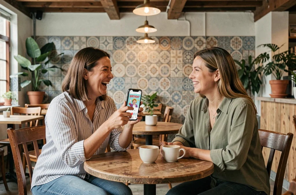 Deux amies dans un café riant en partageant un GIF d'anniversaire amusant sur un téléphone