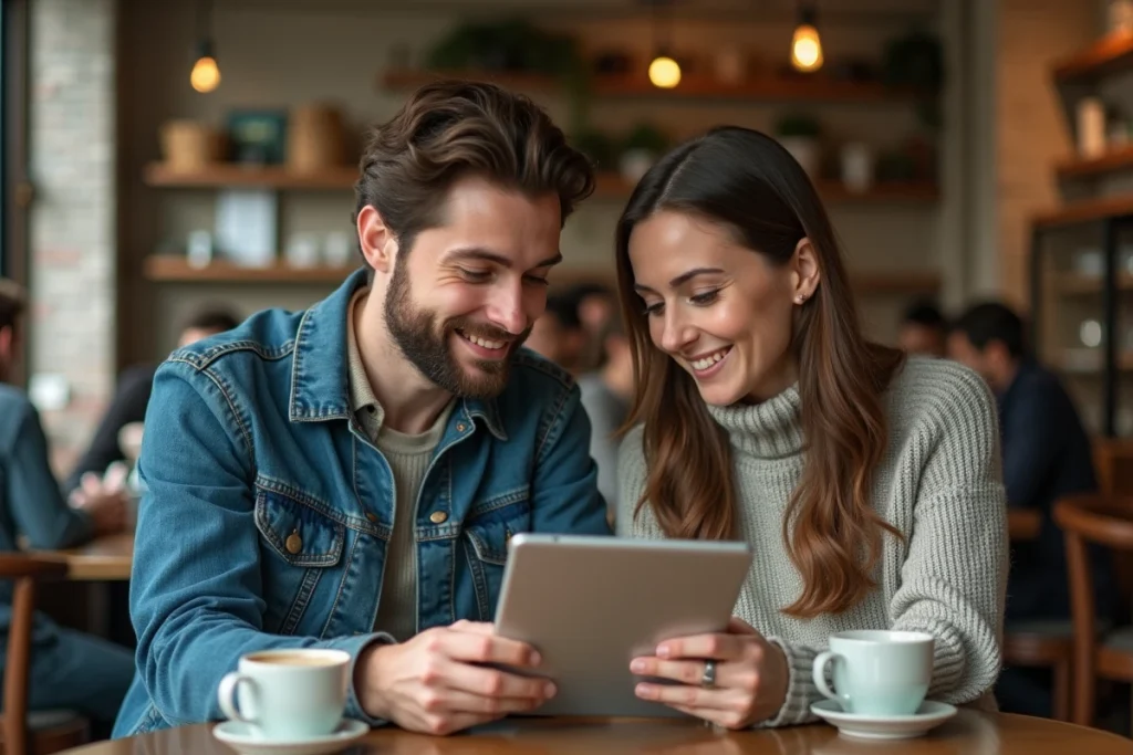 Deux amis adultes discutant d'un site de lecture manga sur tablette attablés dans un café urbain
