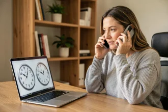 Femme au bureau appelant depuis son domicile en consultant les fuseaux horaires Washington sur son ordinateur portable