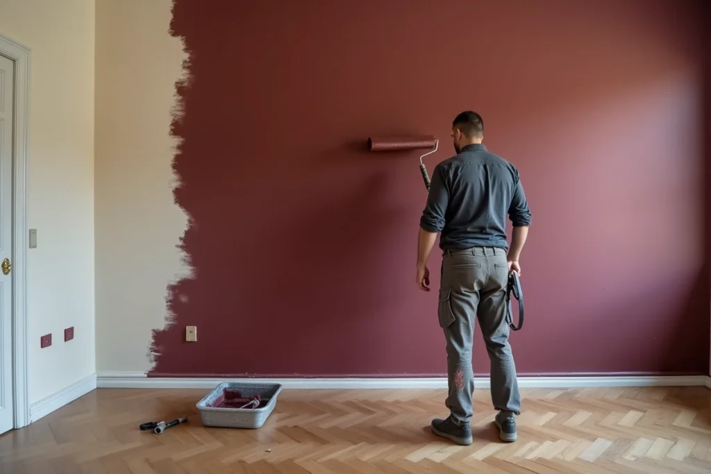Homme appliquant de la peinture bordeaux avec un rouleau sur un mur intérieur dans un appartement haussmannien lors d'une rénovation décorative