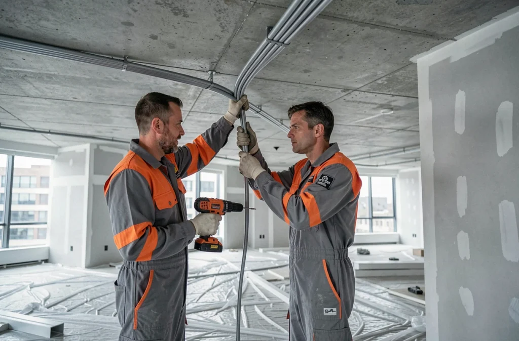 Deux techniciens ARNEO posant des conduits électriques dans un espace commercial en rénovation
