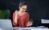Asian businesswoman rejoicing at success small businessman Freelance Online Marketing SME Telemarket