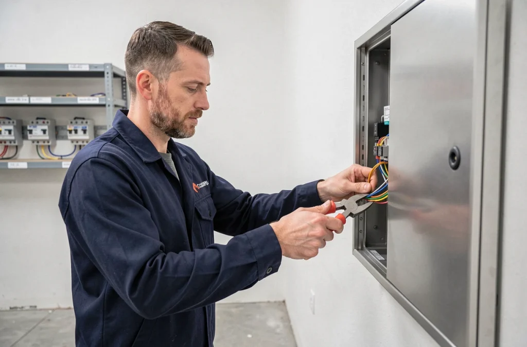 Technicien de BMO Service raccordant un tableau électrique résidentiel moderne