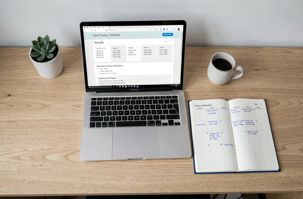 Bureau avec ordinateur affichant les horaires de prière de Marseille et agenda manuscrit