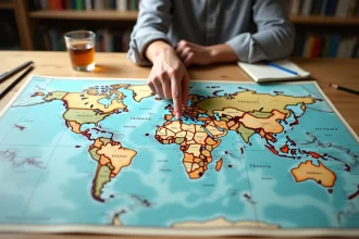 Carte du monde politique imprimée sur un bureau en bois avec une main pointant vers la France, entourée de crayons et d'un cahier de notes