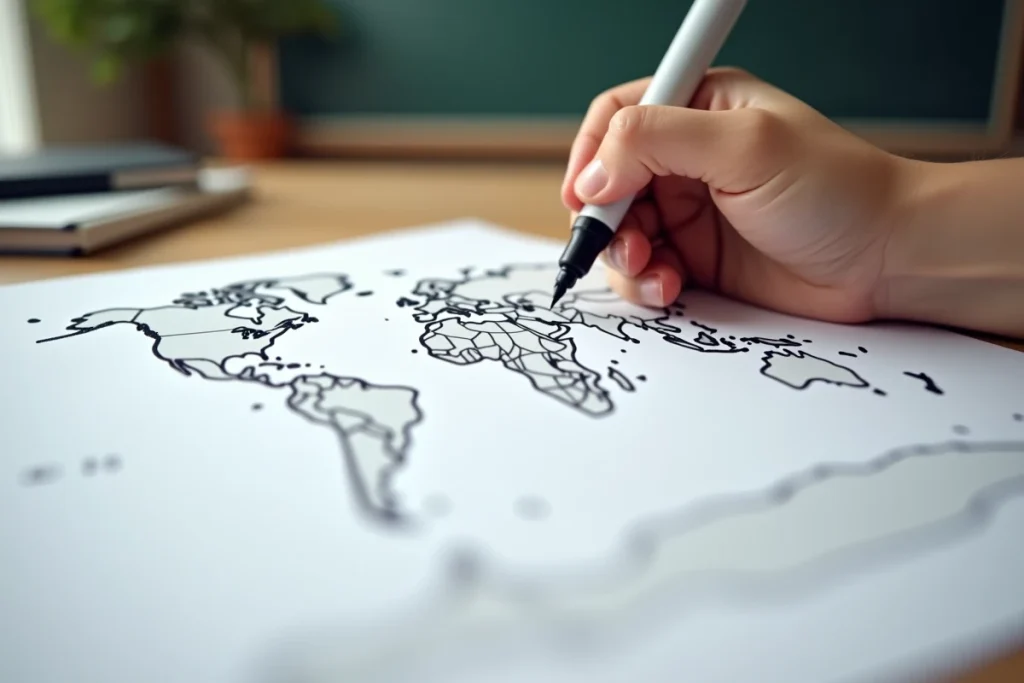 Gros plan d'une main d'élève écrivant sur une carte du monde muette imprimée, avec des contours de pays sans légende sur un bureau scolaire