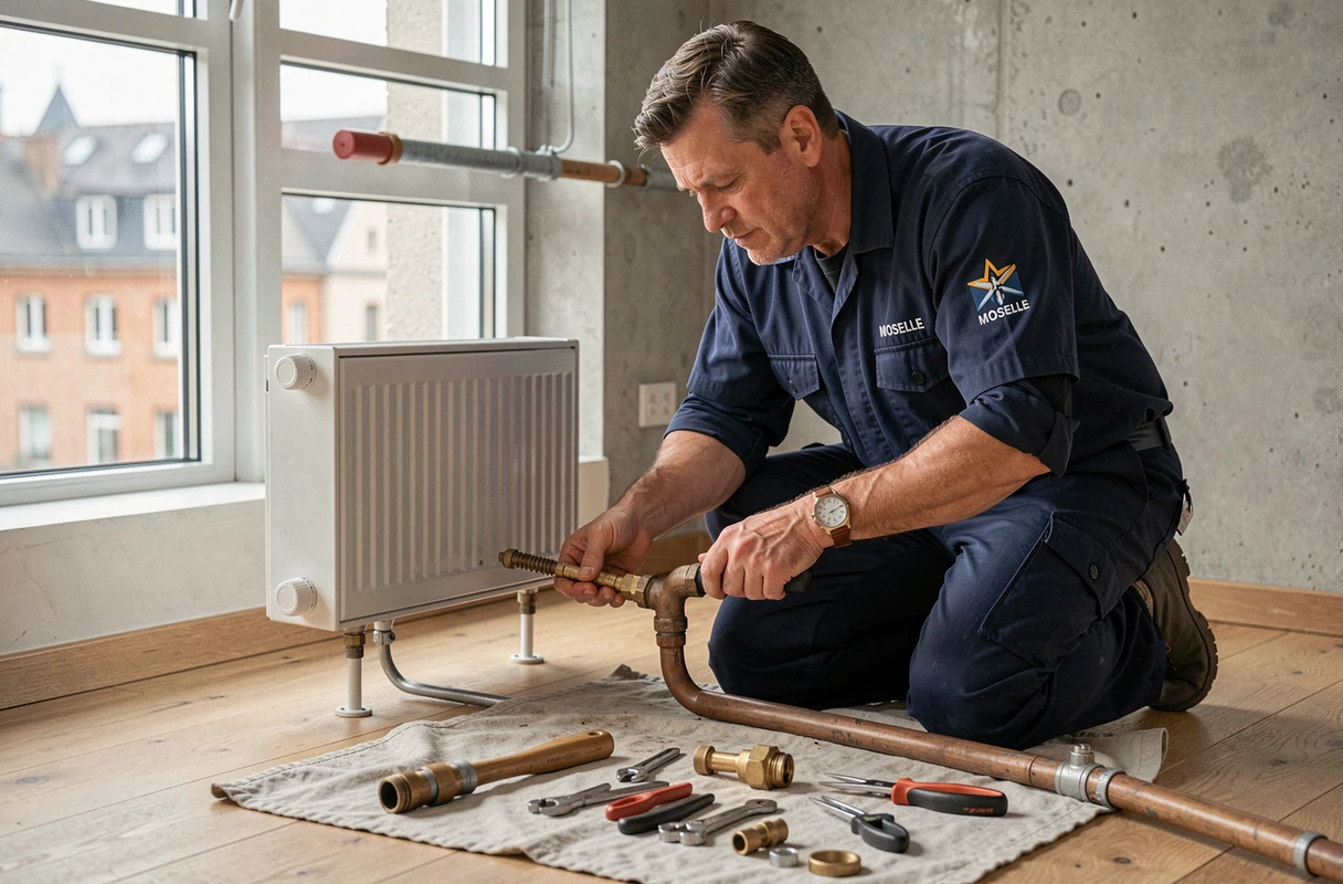 Artisan de Chauffage Plomberie Metz installant un radiateur dans un appartement moderne à Metz en Moselle