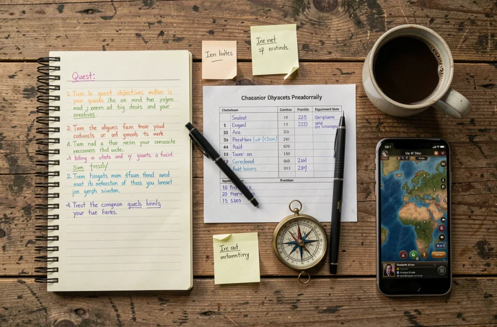 Vue à plat d'une check-list manuscrite et d'objets préparatoires pour une quête dans le jeu Dofus