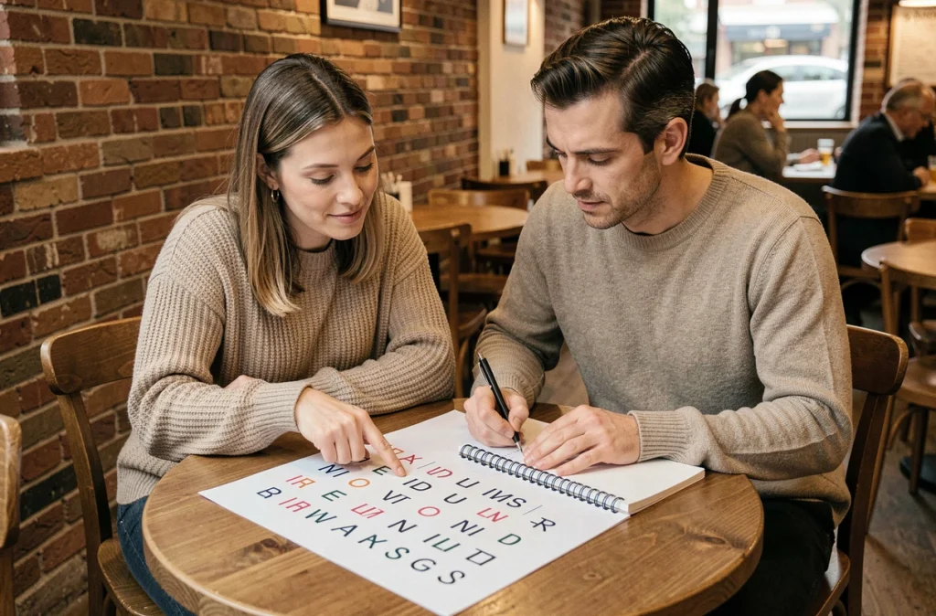 Deux adultes collaborant sur une grille de déduction de mots dans un café avec feuille imprimée et carnet de notes