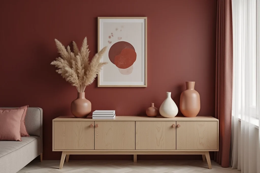 Coin salon contemporain avec mur accent bordeaux peint, buffet en chêne et accessoires décoratifs en céramique dans une décoration intérieure harmonieuse