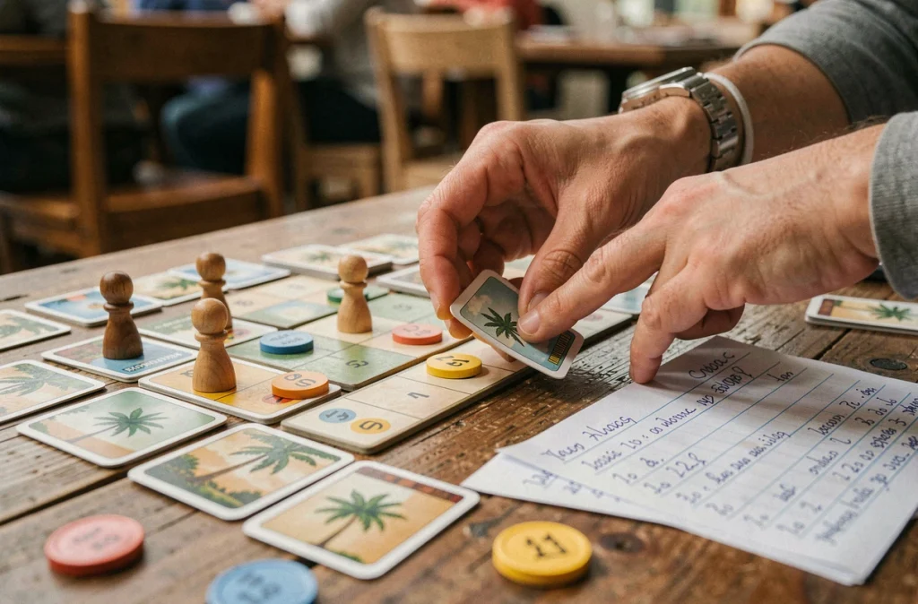 Gros plan sur les éléments de jeu Palmier Règle avec cartes illustrées, jetons numérotés et fiche de score manuscrite