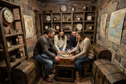 Groupe de joueurs plongés dans une salle d'escape game en Provence-Alpes-Côte d'Azur, entourés d'énigmes et d'objets mystérieux