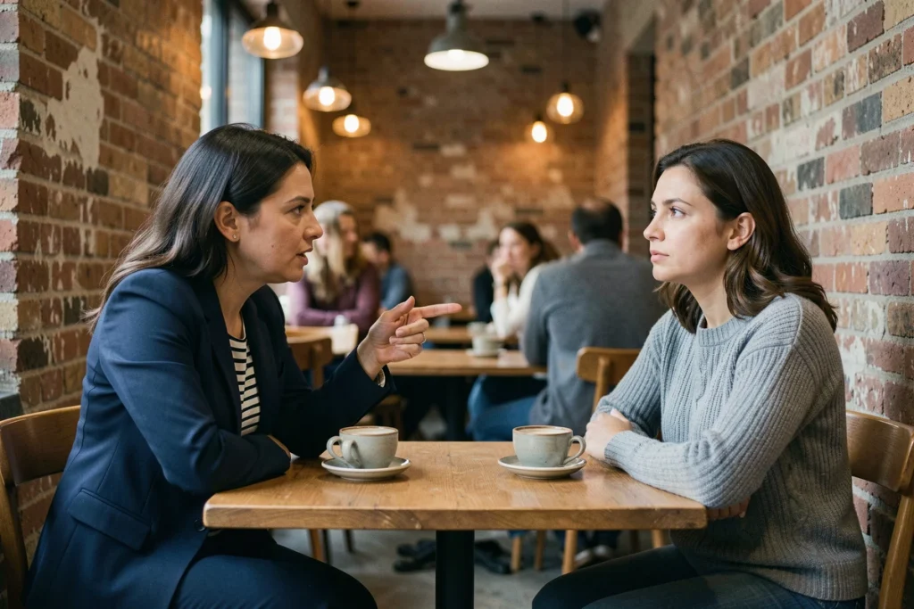 Deux femmes dans un café illustrant une dynamique relationnelle conflictuelle liée à un profil de personnalité ESTJ autoritaire