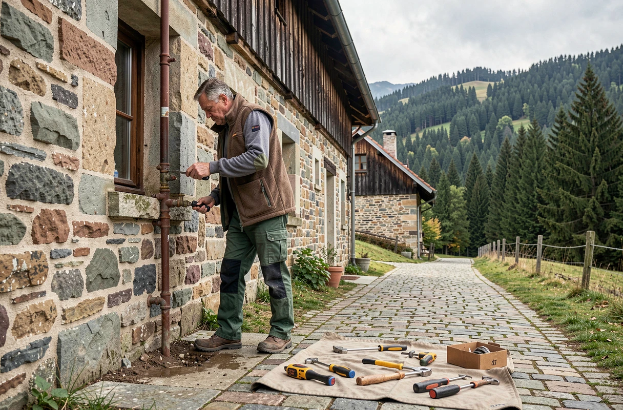 Plombier d'Étienne Services intervenant sur une canalisation extérieure d'une ferme traditionnelle dans les Vosges