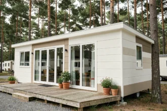 Mobil-home moderne de fabrication française installé sur un camping verdoyant entouré de pins