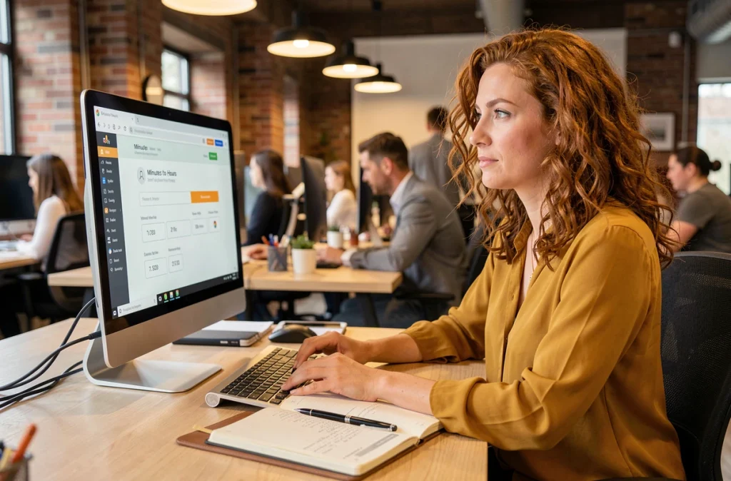 Jeune femme utilisant un outil de conversion de minutes en heures sur ordinateur dans un espace de coworking