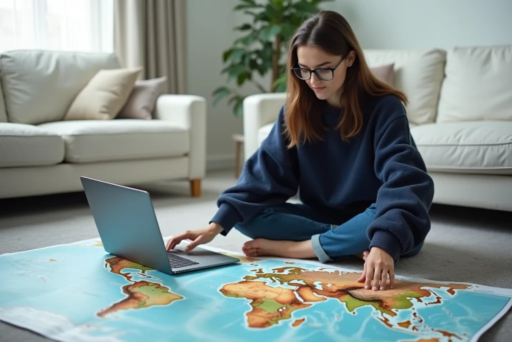 Jeune femme étudiant une carte du monde physique dépliée sur le sol, avec un ordinateur portable affichant un fichier PDF à côté d'elle