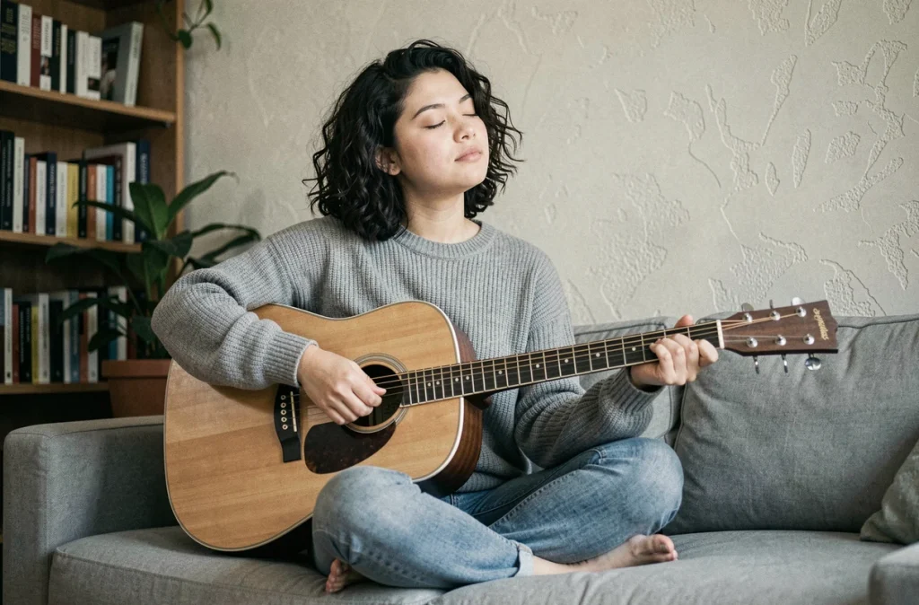 Jeune femme jouant de la guitare acoustique par cœur les yeux fermés, sans partition, dans un salon confortable
