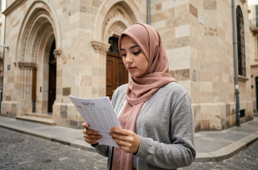 Femme lisant un horaire de prière devant une mosquée à Marseille