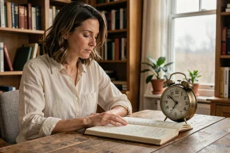 Femme contemplant une horloge analogique affichant 11h22 avec un journal de numérologie ouvert sur un bureau en bois