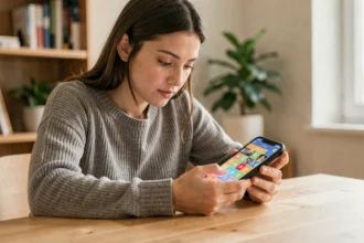 Jeune femme jouant à un jeu de mots 1 mot 4 images sur smartphone à table en bois