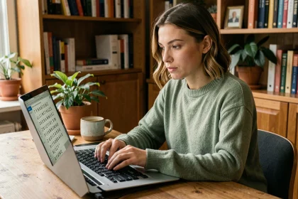 Femme jouant à un jeu de mots en ligne en mode zen sur son ordinateur portable dans un bureau cosy