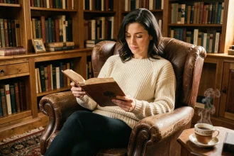 Femme lisant un roman historique dans une bibliothèque cosy avec des étagères remplies de livres anciens