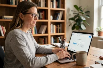Femme utilisant un outil de conversion minutes heures en ligne sur son ordinateur portable dans un bureau à domicile
