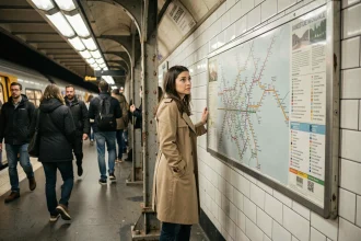 Femme consultant le plan du métro parisien sur le quai d'une station lors de travaux sur la ligne 14
