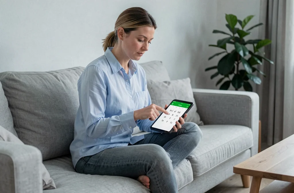 Femme analysant un jeu de mots sur tablette installée sur un canapé moderne dans un salon épuré