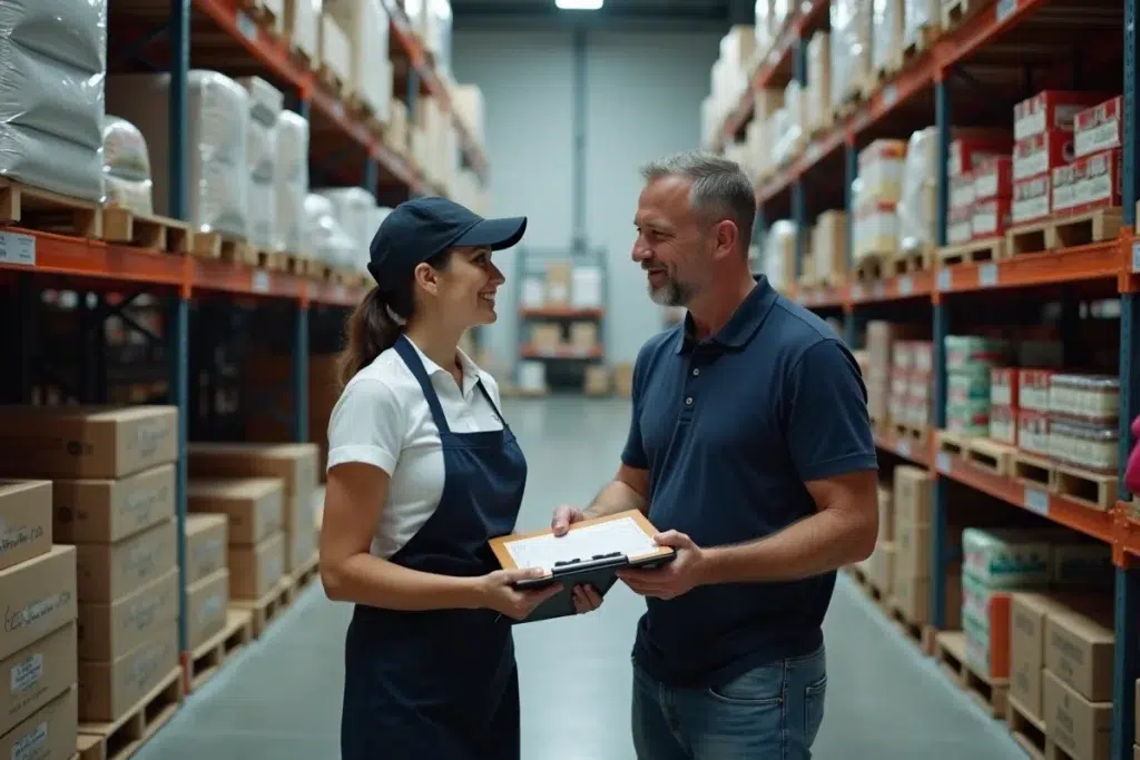 Représentant grossiste remettant un bon de commande à une traiteure dans un entrepôt alimentaire