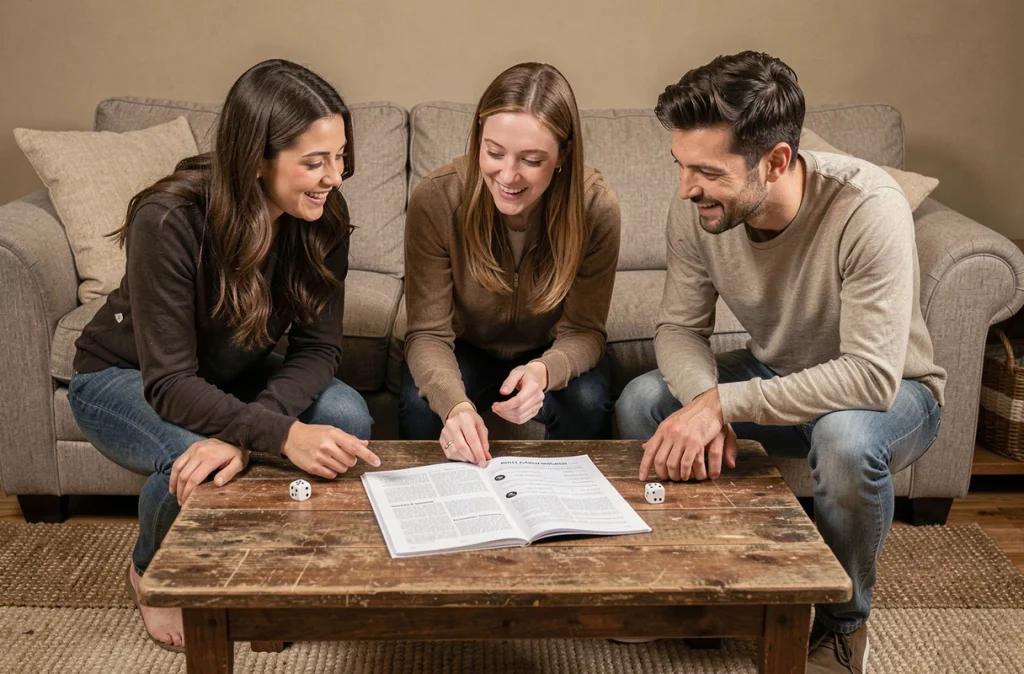Groupe d'amis adultes consultant les règles PDF du jeu de 421 posées sur une table basse lors d'une soirée de jeux