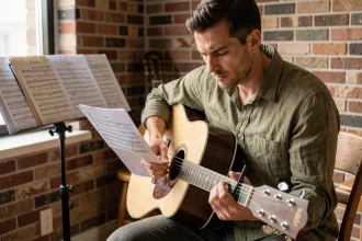Guitariste étudiant une tablature guitare imprimée dans un studio de musique à domicile, concentré sur la mémorisation d'une chanson