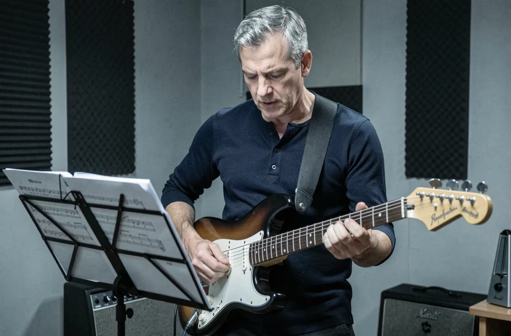 Guitariste adulte mémorisant une tablature électrique dans une salle de répétition professionnelle avec pupitre et métronome