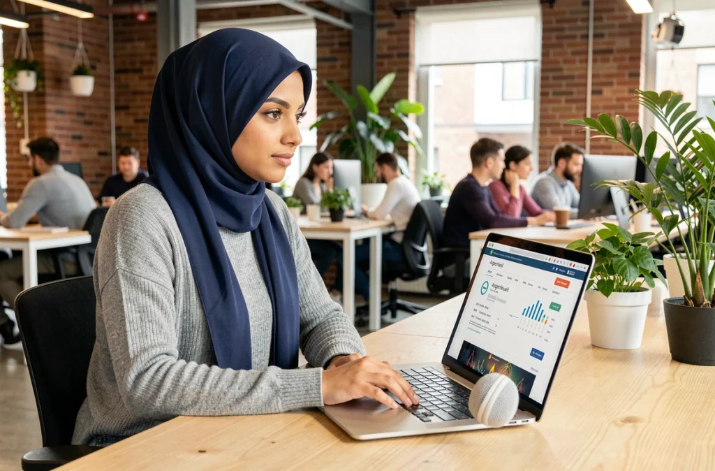 Jeune femme voilée consultant les horaires de prière d'Argenteuil sur ordinateur portable au travail