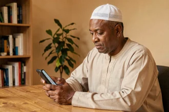 Homme consultant les heures de prière d'Argenteuil sur smartphone depuis son domicile