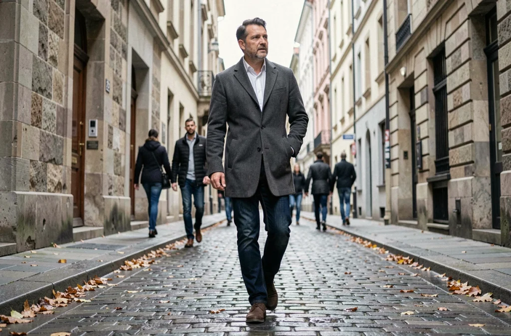 Homme marchant discrètement dans une rue pavée européenne, illustrant le désir d'anonymat et de vie privée