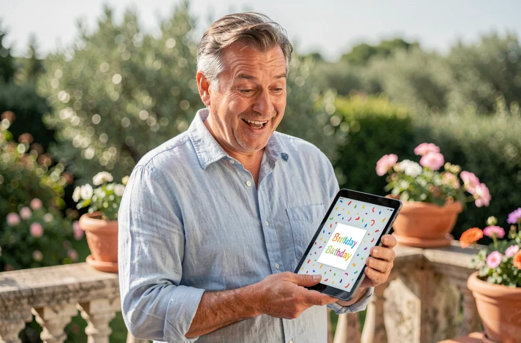 Homme sur une terrasse ensoleillée qui découvre avec surprise une carte d'anniversaire animée sur sa tablette