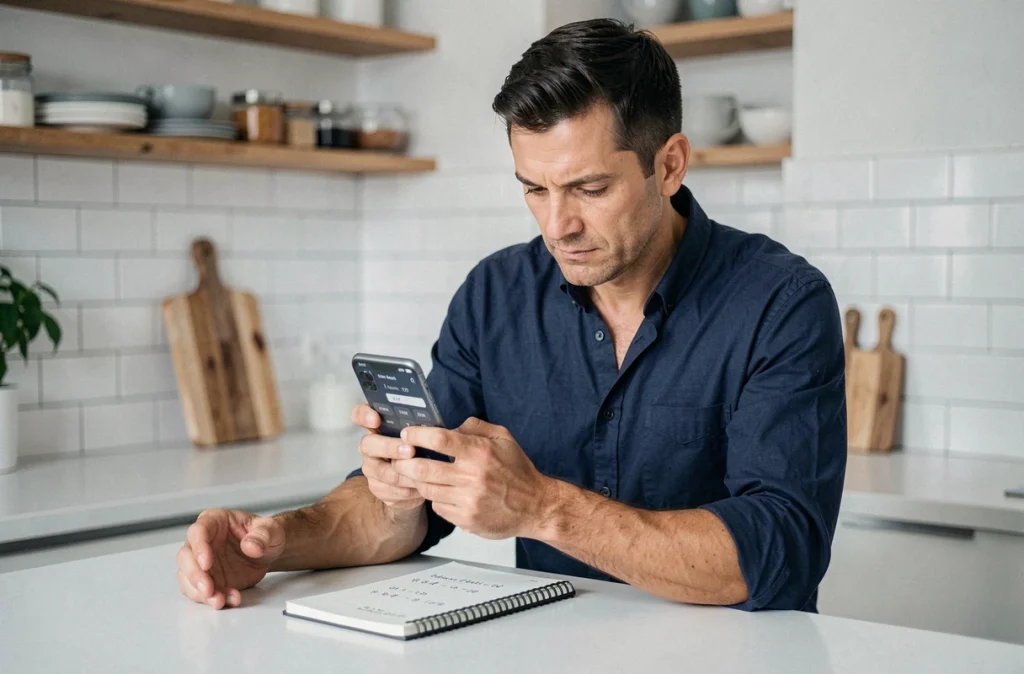 Homme consultant un convertisseur de minutes en heures sur smartphone dans une cuisine moderne
