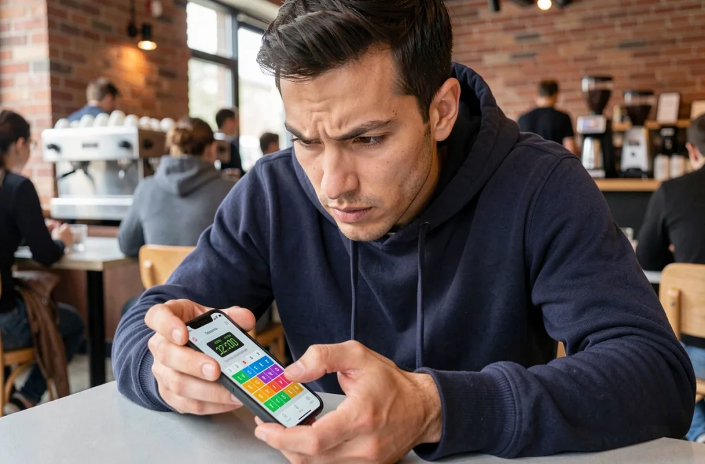Homme concentré sur un défi chronométré du jeu Sutom sur smartphone dans un café urbain