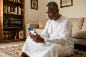 Homme consultant un horaire de prière sur smartphone à Marseille dans son salon