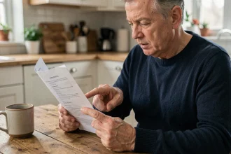 Homme lisant attentivement les règles du 421 imprimées sur papier, assis à une table en bois dans une cuisine chaleureuse