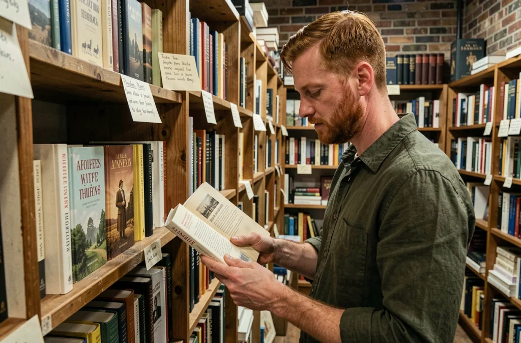 Homme choisissant un roman historique dans une librairie indépendante avec des étagères de livres anciens