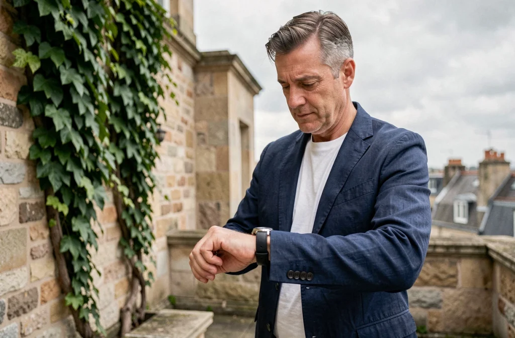 Homme en veste de lin marine regardant sa montre affichant 11h22 sur une terrasse en pierre dans un jardin urbain