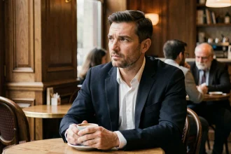 Homme pensif et discret attablé seul dans un café parisien, évoquant la protection de la vie privée