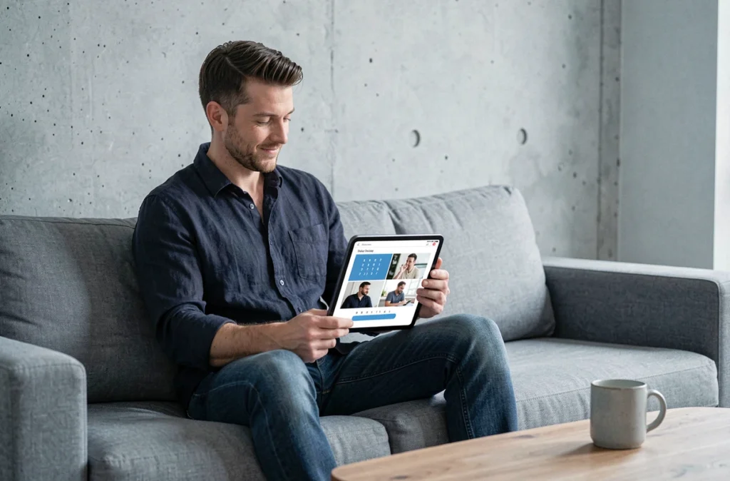 Homme adulte résolvant un puzzle 1 mot 4 images 9 lettres sur tablette dans salon moderne